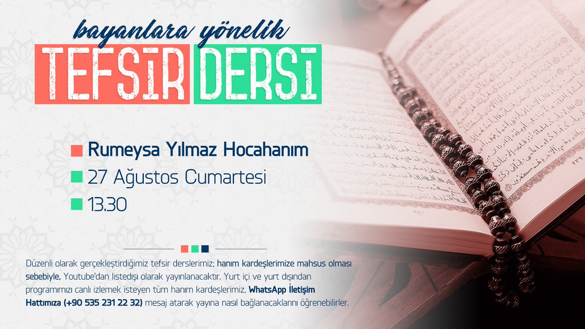 📢 Bayanlara Yönelik Tefsir Dersi Programı

🎙️ Rumeysa Yılmaz Hocahanım
🗓 27 Ağustos #Cumartesi
🕤 13.30