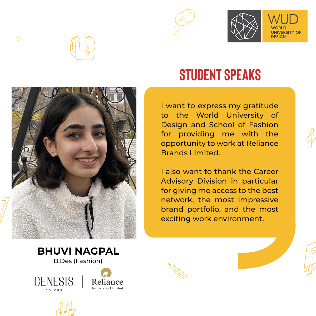 #SchoolOfFashionDesign student at #WUD has shared her learning experience with us. She got her intricate penchant well nurtured into professional expertise that enabled her to acquire the broad range of #design exposure required to stay one step ahead in the corporate world. 😀