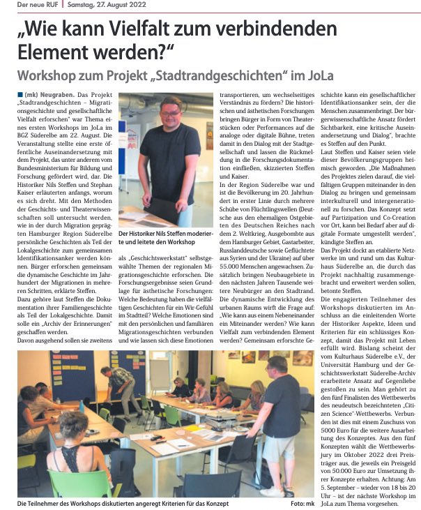 Die #Stadtrandgeschichten haben es direkt in die Presse geschafft. Der Neue Ruf berichtet in seiner heutigen Ausgabe über das Projekt und unseren ersten Workshop, der von <a href="/N_Steffen/">Nils Steffen</a> und <a href="/KaiserKultur/">Stephan Kaiser</a> moderiert wurde. #VielfaltVereint #SüderelbeForscht