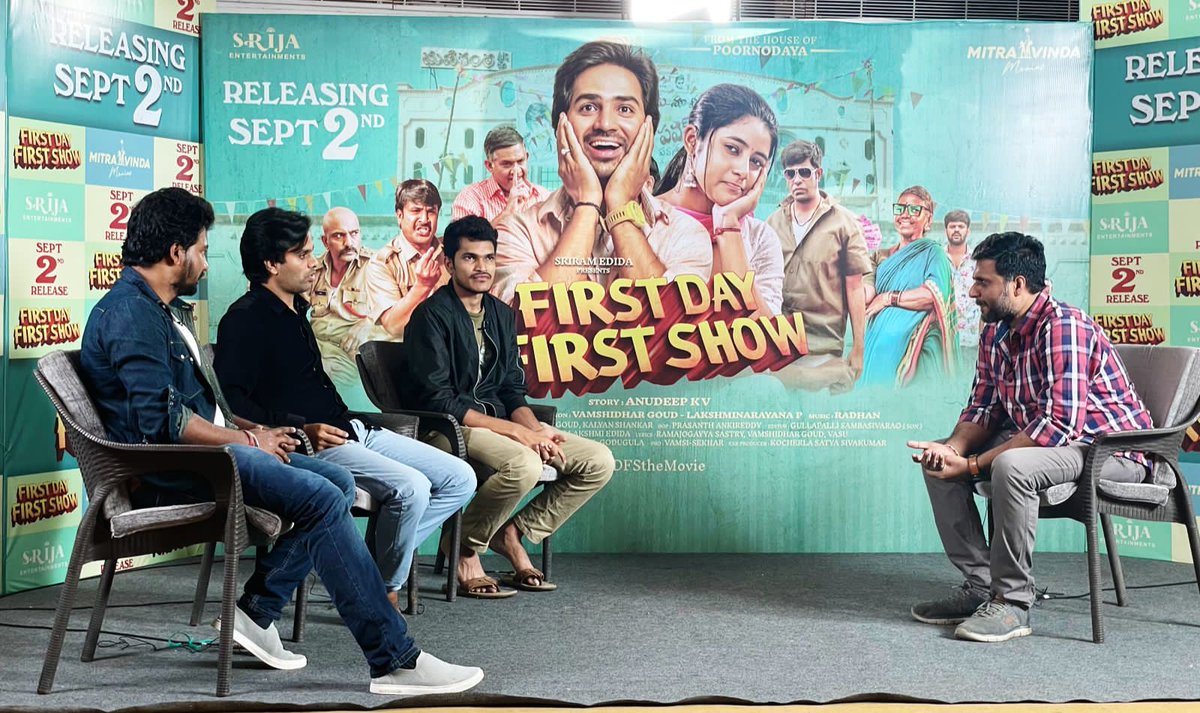 UrsVamsiShekar's tweet photo. #FirstDayFirstShow promotions ✨

Story presenter @anudeepfilm &amp; 
Directors Duo @Wamceee, @lnputtamchetty interview with @tv5newsnow. 

Full interview Telecasts Soon 📺 

#FDFSFromSep2nd 
@Im_Srikanth_R @SanchitaBashu24 @radhanmusic @PoornodayaFilms @SrijaEnt @MitravindaFilms https://t.co/j1jeLNmgnW