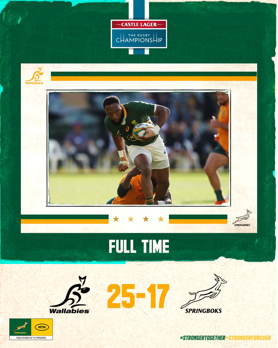 Springboks's tweet photo. 😔 Strong finish, but it's not our day in Adelaide - well done @wallabies on the win, we go again next week in Sydney. 
#StrongerTogether #StrongerForever #AUSvRSA #CastleRugbyChampionship https://t.co/hQuZm9C03R