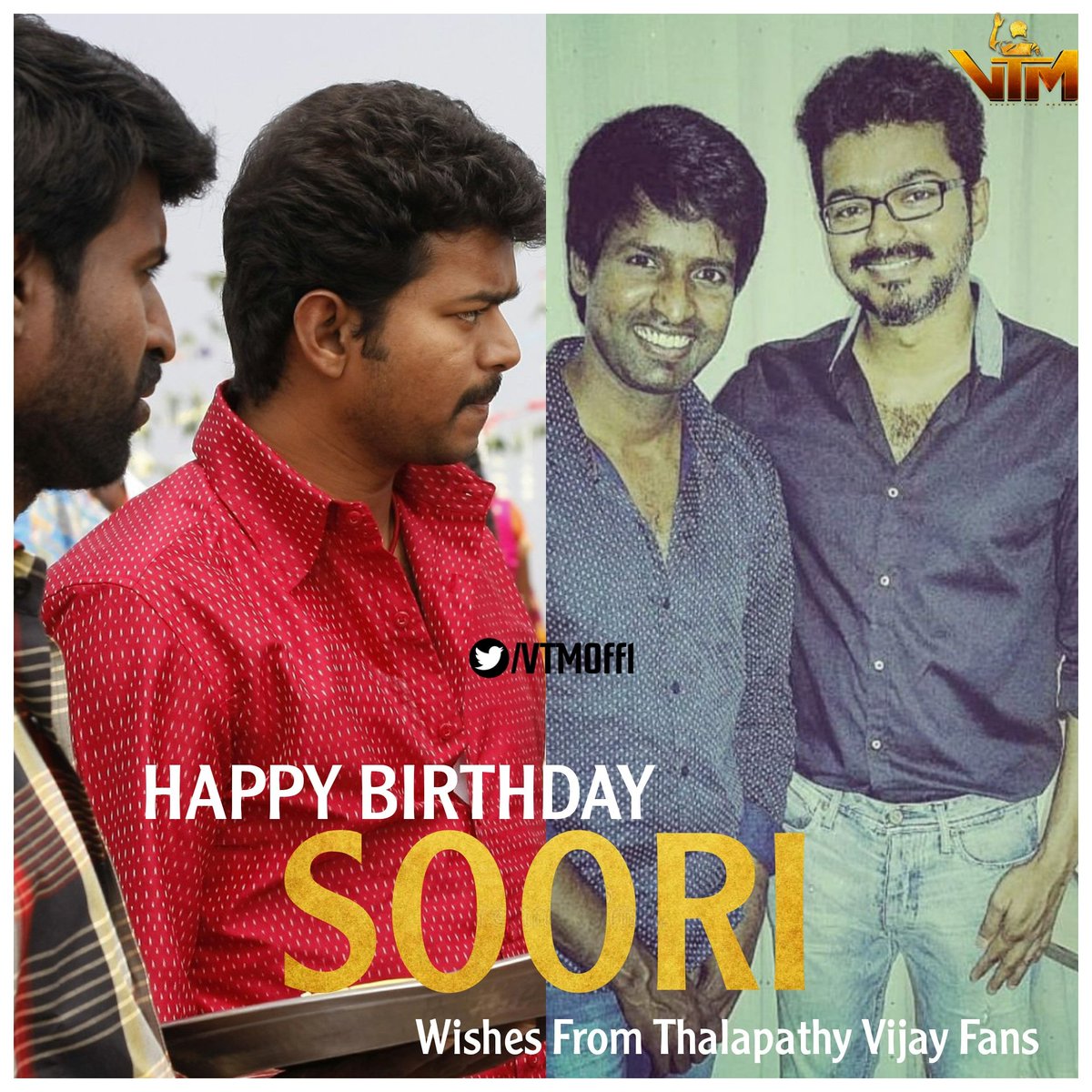 VTMOffl's tweet photo. Happy birthday to you @sooriofficial sir behalf lovable Wishes from thalapathy @actorvijay  fans 💖❤

#Varisu #Beast https://t.co/CsOG1pXNHo