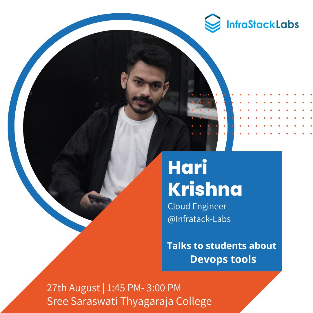 InfraStackLabs's tweet image. Hari Krishna @nameles_ecstasy will be addressing the #students at Sree Saraswathi Thyagaraja College today on the subject of #DevOps tools.
#devops #cloud #aws #cloudcomputing #technology #developer #linux #python #coding #azure #software #iot #cybersecurity #kubernetes