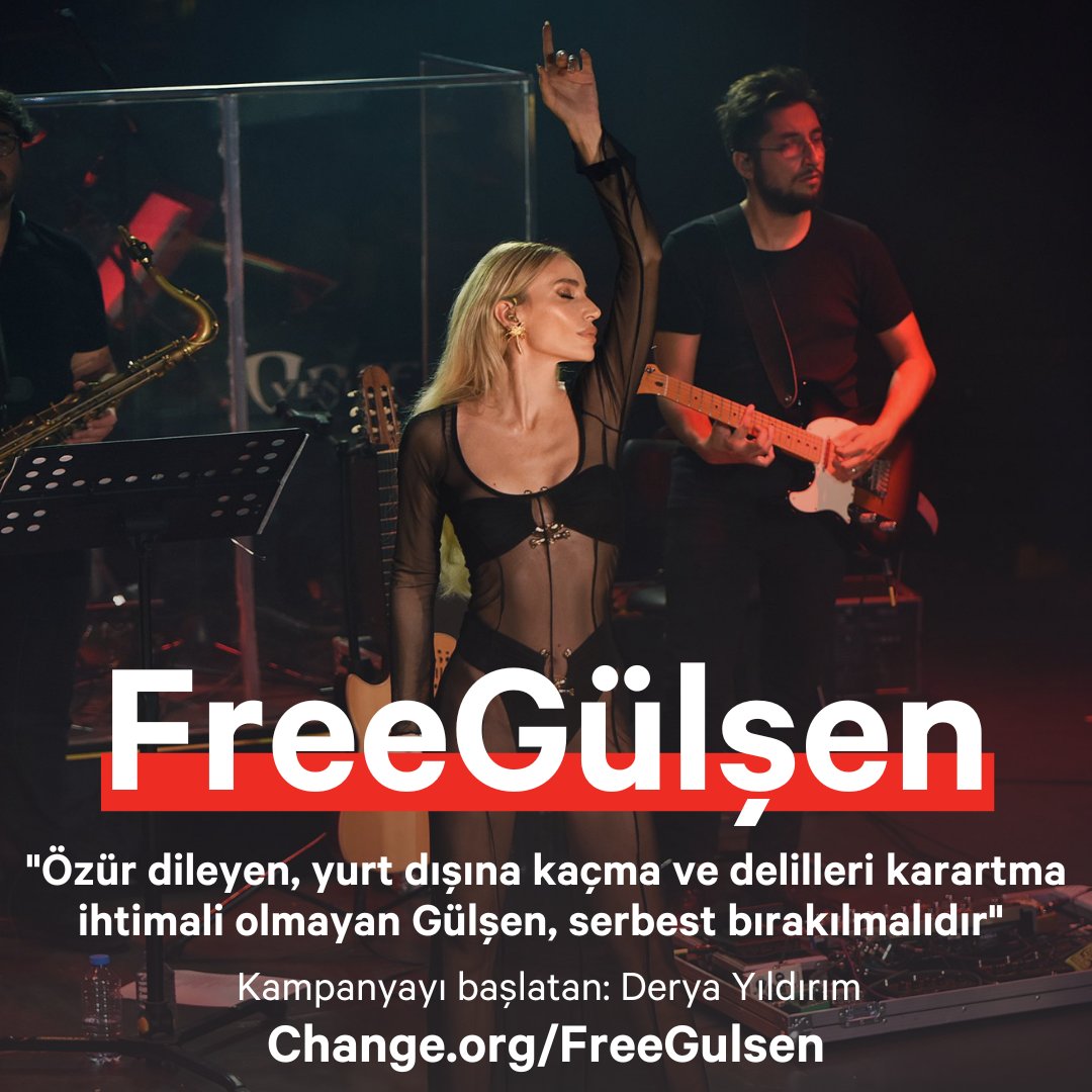 ChangeTR's tweet photo. #GülşenSerbestBırakılsın talebiyle açılan kampanya hızla büyüyor. 

Kampanyayı başlatan Derya'ya göre, Gülşen'in tutuklanma nedeni konuşması değil, özgürlükçü duruşu ve sahne kıyafetleri. 

Sen de #FreeGülşen diyorsan imzala, paylaş:
👉 https://t.co/Vi3icAmmhp https://t.co/4WZgv9YKjQ