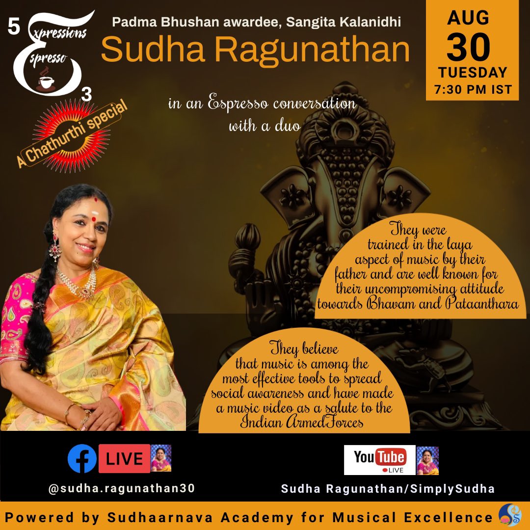 RagunathanSudha's tweet photo. We are back again…looking forward to being with you all soon! #expressionsespresso #sudharagunathan #musicalconversations #musicalchat https://t.co/UmWOY5uzmy