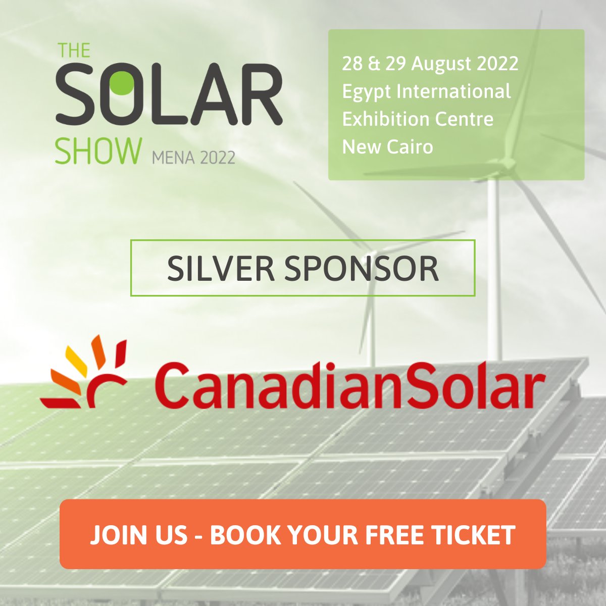 Canadian_Solar's tweet photo. Visit Canadian Solar TOMORROW at Solar Show MENA 2022 - Booth B30, Hall 4 - from August 28 -29 in at Egypt International Exhibition Centre in Cairo.
Free visitor pass here: https://t.co/RXmQlrxHJD
We look forward to meeting you.
#Solar #Mena #Egypt #Renewables #solarshowmena https://t.co/RG1SyvTfBR