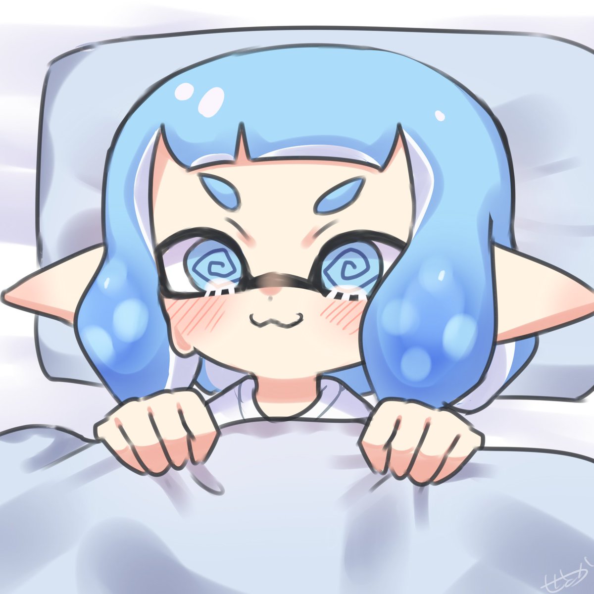 inkling ,inkling girl 1girl solo blue hair tentacle hair blue eyes pointy ears pillow  illustration images