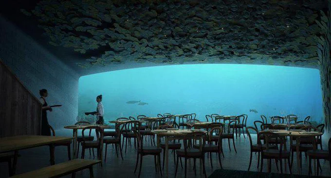 ノルウェイにあるUNDERは、世界最大の水中レストラン。店内の空間がとても味気ないのが残念なのだけど。 