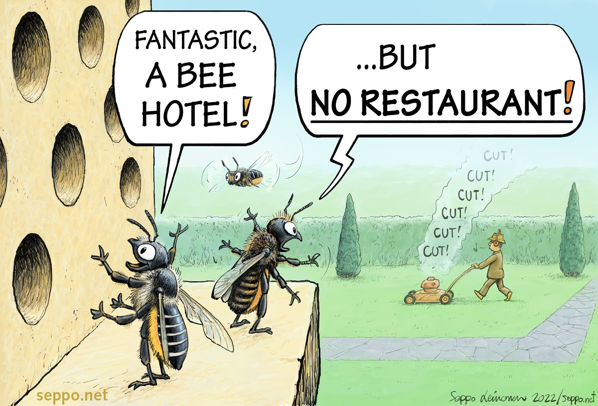 sepponet's tweet photo. @naturealexk @PorstUndGargel I tweeted the cartoon with a note:
#BeeHotel's help wild solitary #bees &amp; #wasps. Also rotten tree trunks and open sandy patches are good for them. But #pollinators also need food. So mowe less grass &amp; leave wild areas for wild flowers in the garden, please! https://t.co/341DgCpp0Y