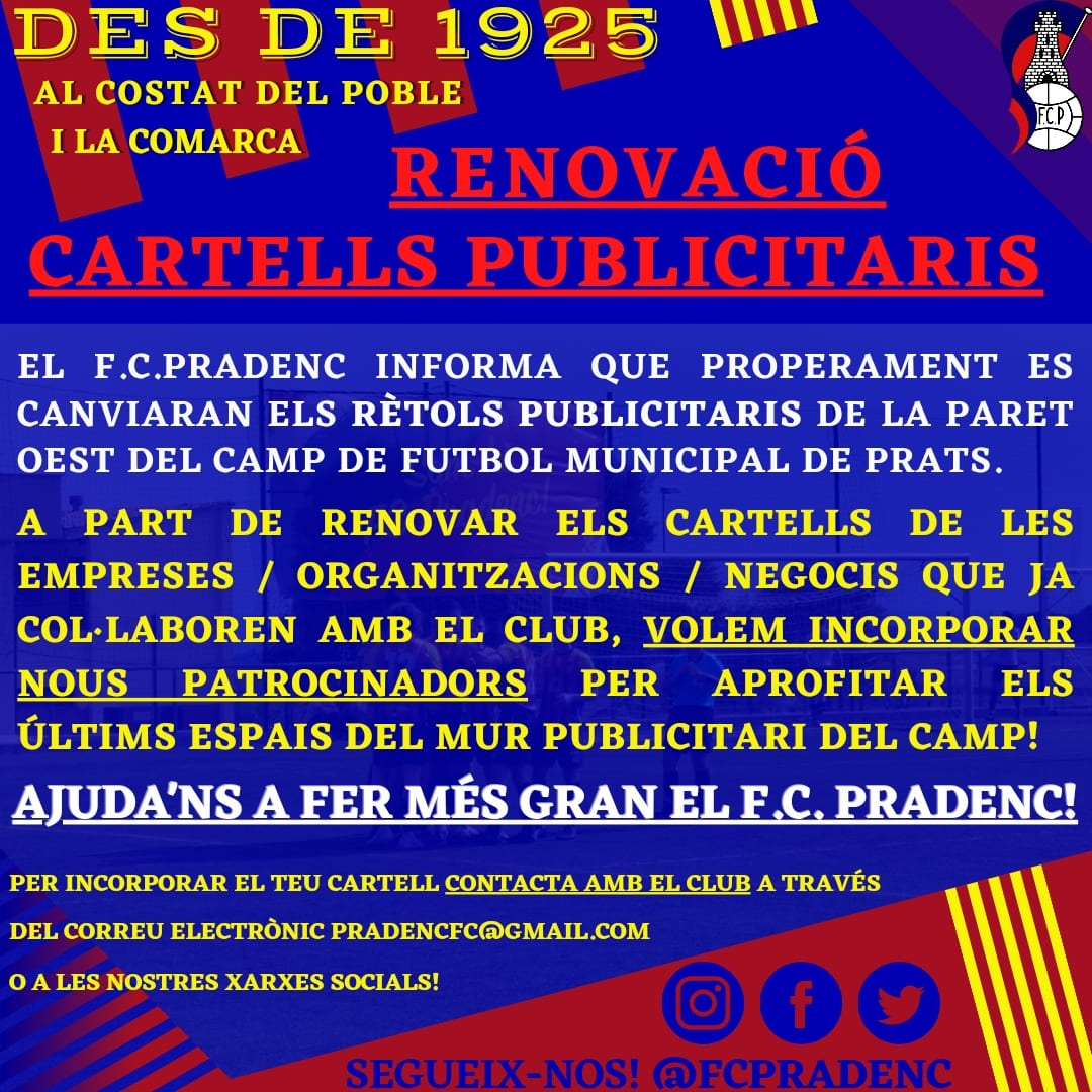 ‼️ INFORMACIÓ IMPORTANT!

AJUDEU-NOS A CONSTRUIR UN F.C.PRADENC MÉS GRAN!