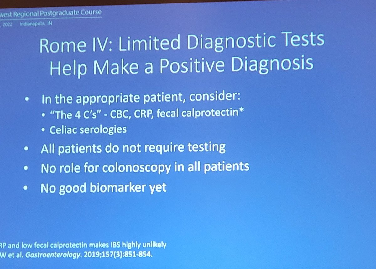 IBD_Afzali's tweet photo. Dr. Brian Lacy presents on IBS - How to follow guideline recommended algorithms #ACGRegionals
🤔What's your pretest probability?
IBS 5-7%
Celiac 0.5-1%
IBD .4-.6%
✅️In appropriate patient, get "4 Cs"
(CBC, CRC, Calprotectin, Celiac)
#ACGRegionals @AmCollegeGastro https://t.co/alKUeXHi8t