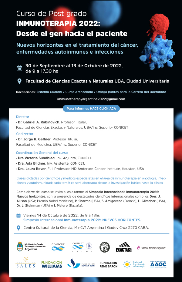 Queda poco tiempo para inscribirse! 
Cierra 20 de Septiembre!
Hay becas para estudiantes del interior, mandar CV hasta el 31 de Agosto.
Curso interdisciplinario de Inmunoterapia con los mejores profesionales en el área.
exactas.uba.ar/evento/inmunot…
Los esperamos!