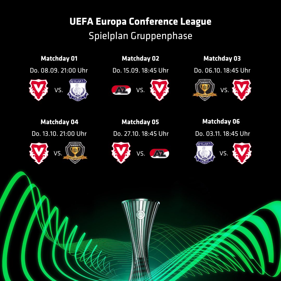 📆 Der Spielplan für die Gruppenphase der UEFA Europa Conference League wurde fixiert. Wir treffen im ersten Spiel Zuhause auf den zypriotischen Vertreter <a href="/APOLLONOFFICIAL/">Apollon FC</a>

‼️ Infos zum Ticketing folgen in den nächsten Tagen.

#hoppvadoz #supportFCV #fcvaduz #UECL