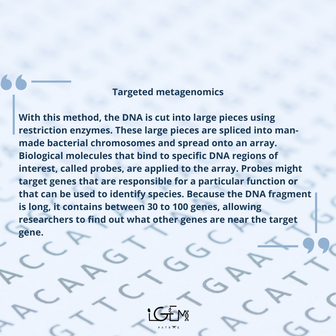 igem_patras's tweet photo. What is metagenomics?🧬

Metagenomics is the study of the structure and function of nucleotide sequences isolated and analysed from all the organisms (usually microbes) in an environmental sample.
Which are the most common methods used by scientists to study microbes?🤔 https://t.co/PHbPgQ0QD7