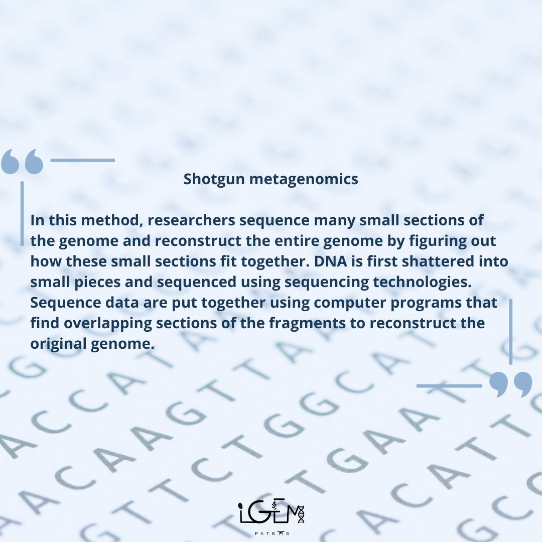 igem_patras's tweet photo. What is metagenomics?🧬

Metagenomics is the study of the structure and function of nucleotide sequences isolated and analysed from all the organisms (usually microbes) in an environmental sample.
Which are the most common methods used by scientists to study microbes?🤔 https://t.co/PHbPgQ0QD7