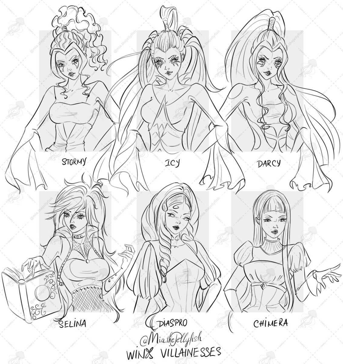 mee_ah_'s tweet photo. My Winx Club X Villainesses sketch fanart series

Bloom - Stella - Flora - Musa - Tecna - Layla/Aisha
Stormy - Icy - Darcy - Selina - Diaspro - Chimera
#miathejellyfish #winxclub #thetrix https://t.co/9M0HZpKqls