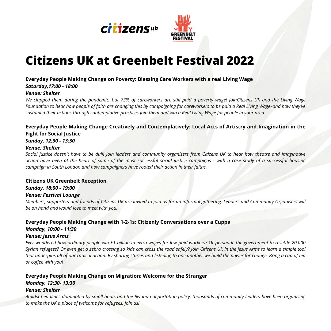 CitizensUK's tweet photo. Citizens UK leaders will be sharing stories of #EverydayPeopleMakingChange each day at @Greenbelt. If you're at the @Greenbelt Festival this weekend, here is a handy schedule with all our events. We hope you can join us! 💪🏿 https://t.co/mWISNGShbF