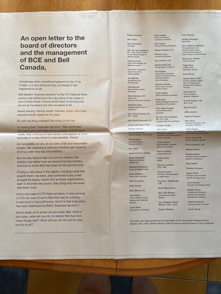 reutersLjungg's tweet photo. Two-page open letter in front section of Globe to Bell Media says “unacceptable” decision to fire Lisa LaFlamme “struck at the heart of not only who we are as Canadians but who we aspire to be”. That must have cost a pretty penny https://t.co/qunCdcZYlx