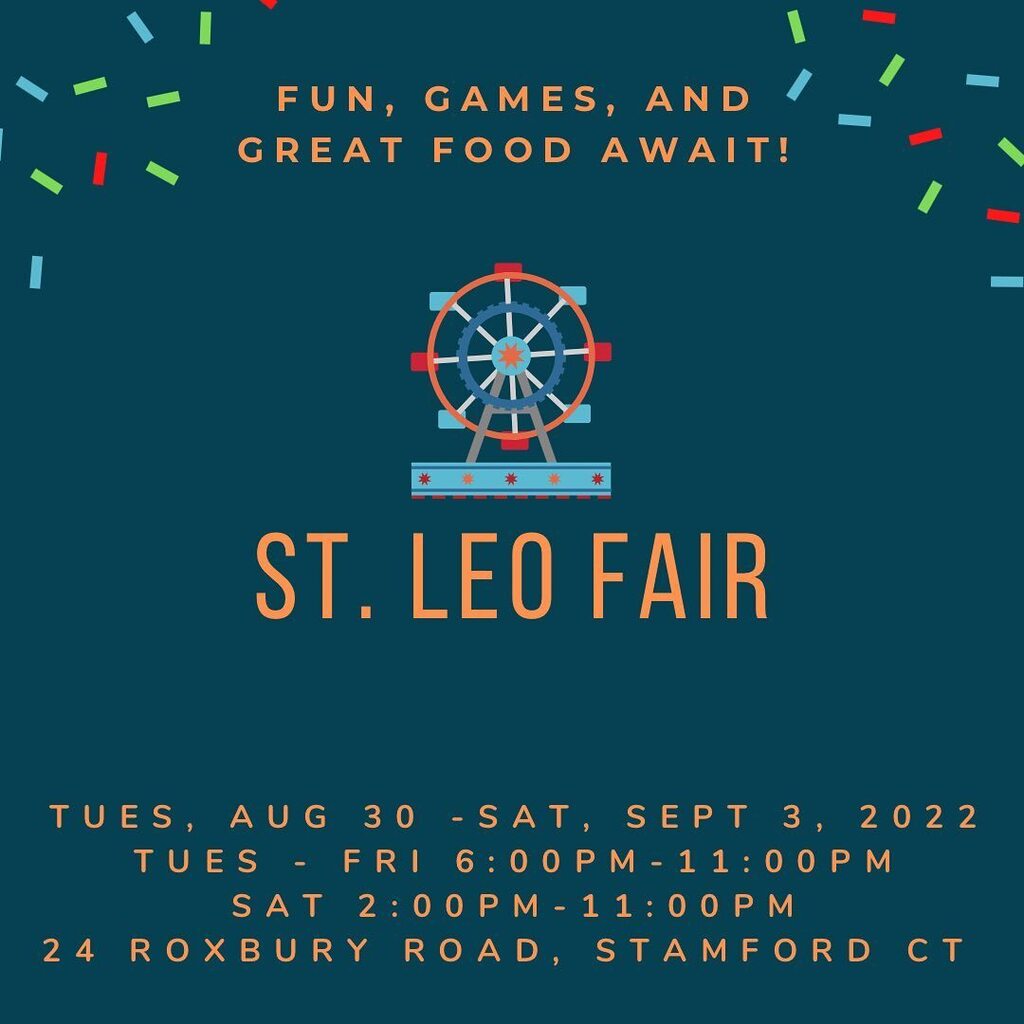 StLeoFair's tweet photo. The fair starts TUESDAY!!! 
Aug 30 - Sept 3, 2021
Tuesday - Friday 6:00 - 11:00pm
Saturday 2:00 - 11:00pm
🍔🍝🍪🍺🎡🎟🎠
#stleofair #fair #festival #carnival #stamford #stamfordct #stleoparish #food #games #familyfun #rides #pizzafritta #stleofair2021 #… https://t.co/kAmBDoXtRI https://t.co/8rAgg4lLZ6
