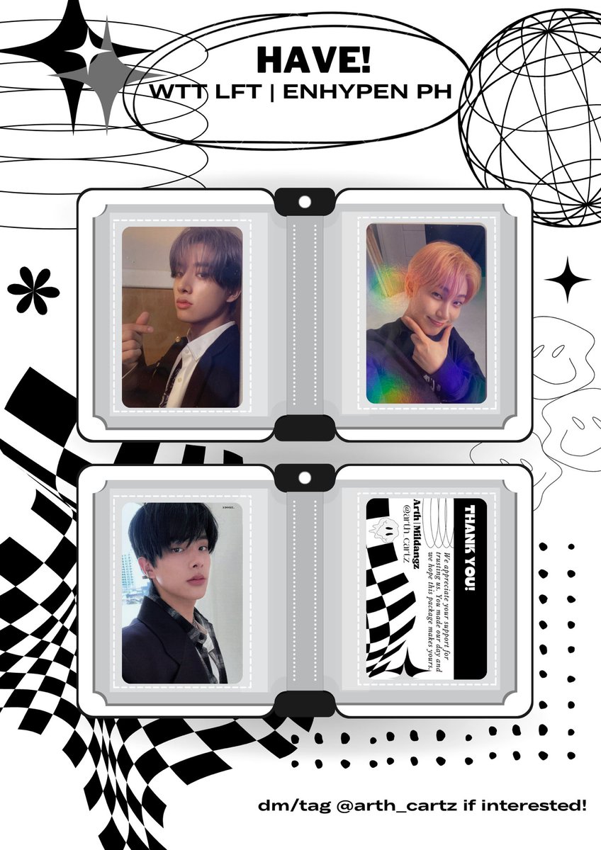 arth_cartz's tweet photo. wtt lft | enhypen ph 
#arthtrades 

Have: 
⟢Jake unif pob
⟢Jake hype selca
⟢Sunoo holo pob

Want:  
⟢Any Heeseung M version pc

-own &amp; fresh pull/on hand
- NO RUSH SHIPMENT

dm me/ reply if you want to trade! 

# wtt lft enhypen ph heeseung concept selca m jake sunoo pc pob https://t.co/kutkO7ZLc8