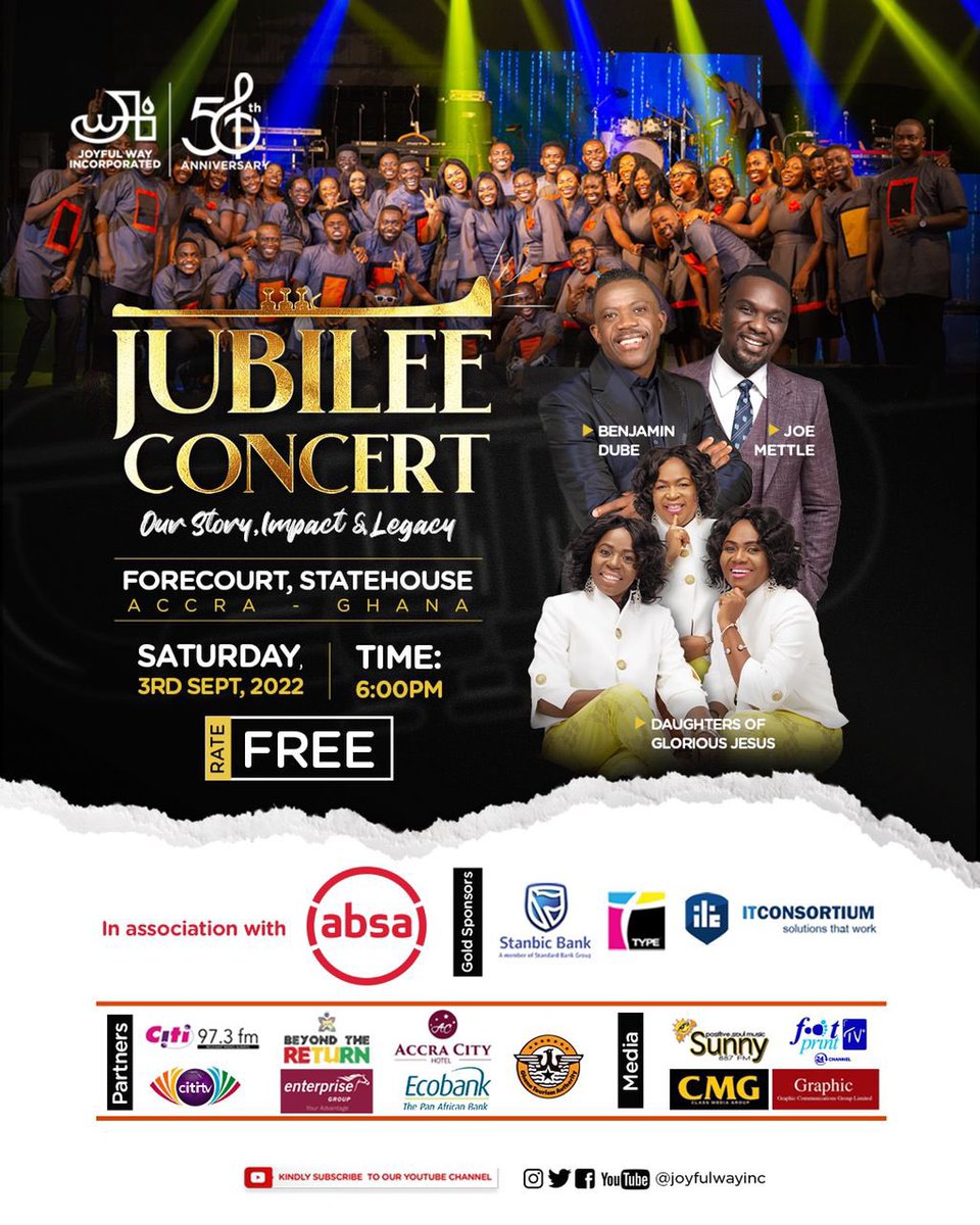 joyfulwayinc's tweet image. 7 DAYS TO GO🥳

 𝐓𝐡𝐞 𝐉𝐨𝐲𝐟𝐮𝐥 𝐖𝐚𝐲 𝐉𝐮𝐛𝐢𝐥𝐞𝐞 𝐂𝐨𝐧𝐜𝐞𝐫𝐭🥳

🗓: 3rd September, 2022
📍: Forecourt of the Statehouse
🎫: FREE

Guest artistes
- @benjamindube 🇿🇦
- #TheDaughtersofGloriousJesus🇬🇭
- @jmettle 🇬🇭

Come with all your friends and family.❤️