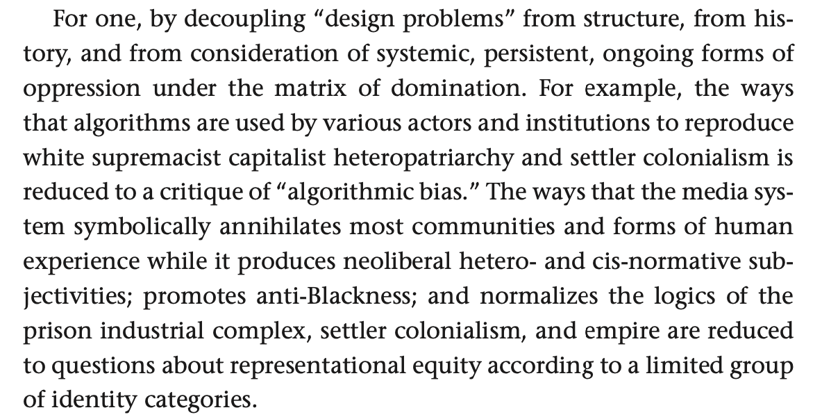 emilymbender's tweet photo. While we're arguing (again, *sigh*) w/techbros who think that any efforts to not flood the internet with automatically generated racist images are "paternalistic silliness that doesn’t trust people or society," I want to share this brilliant passage from @schock 's Design Justice https://t.co/LKKcsY40zR