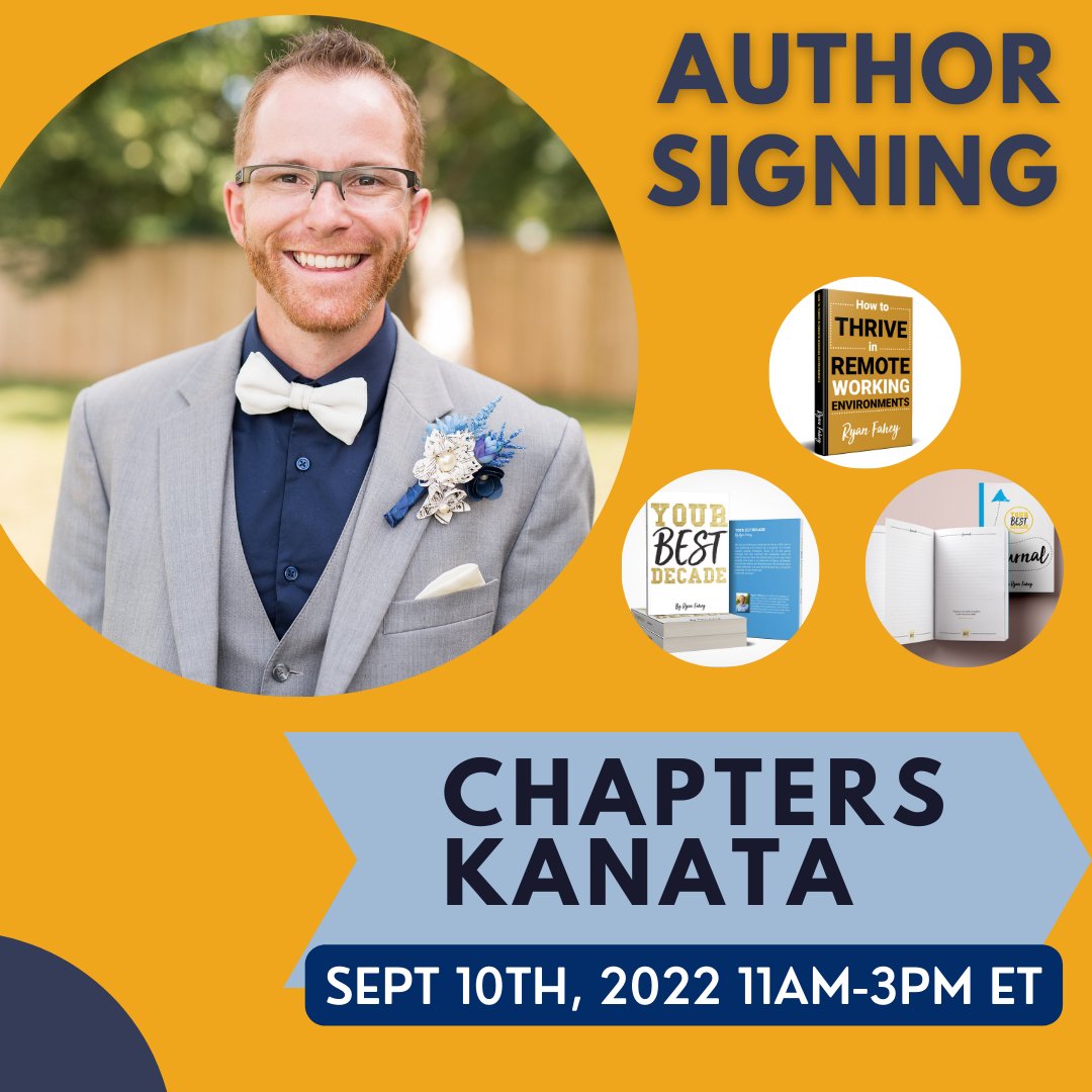 News! ⚡️

Saturday, Sep 10th from 11am-3pm ET I will be doing a fall book signing at @Indigo, Chapters, and Coles #Kanata. 🖊️

If you live in the #Ottawa region come on out for an afternoon of books, conversation, &amp; connection. 😃

_______
#RemoteWork  #Wellbeing #Books #Canada