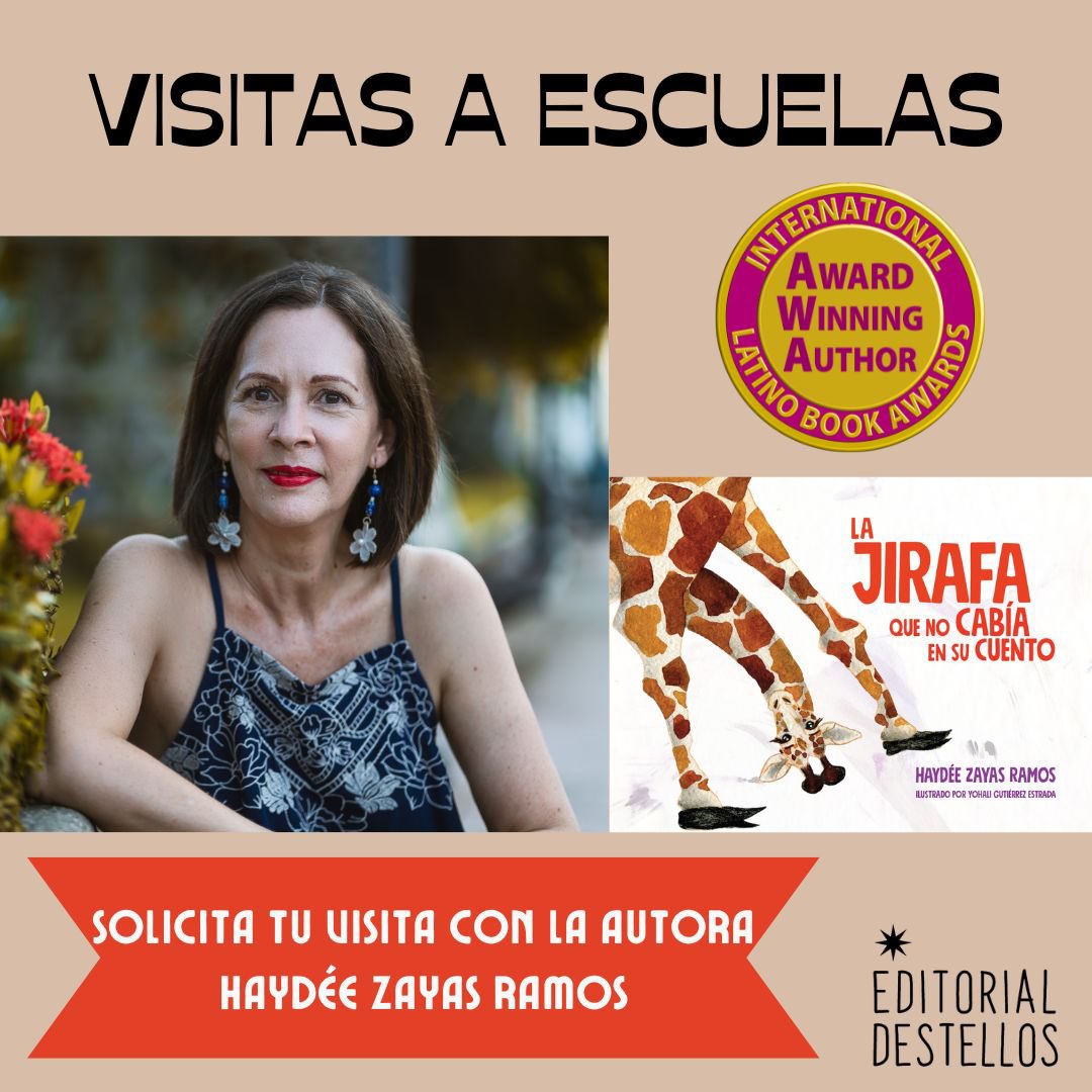 Escríbenos a info@editorialdestellos.com para pedir una visita de la autora <a href="/HzayasRamos/">Haydee Zayas-Ramos</a> a tu escuela en Puerto Rico con el libro La jirafa que no cabía en su cuento 📚💚