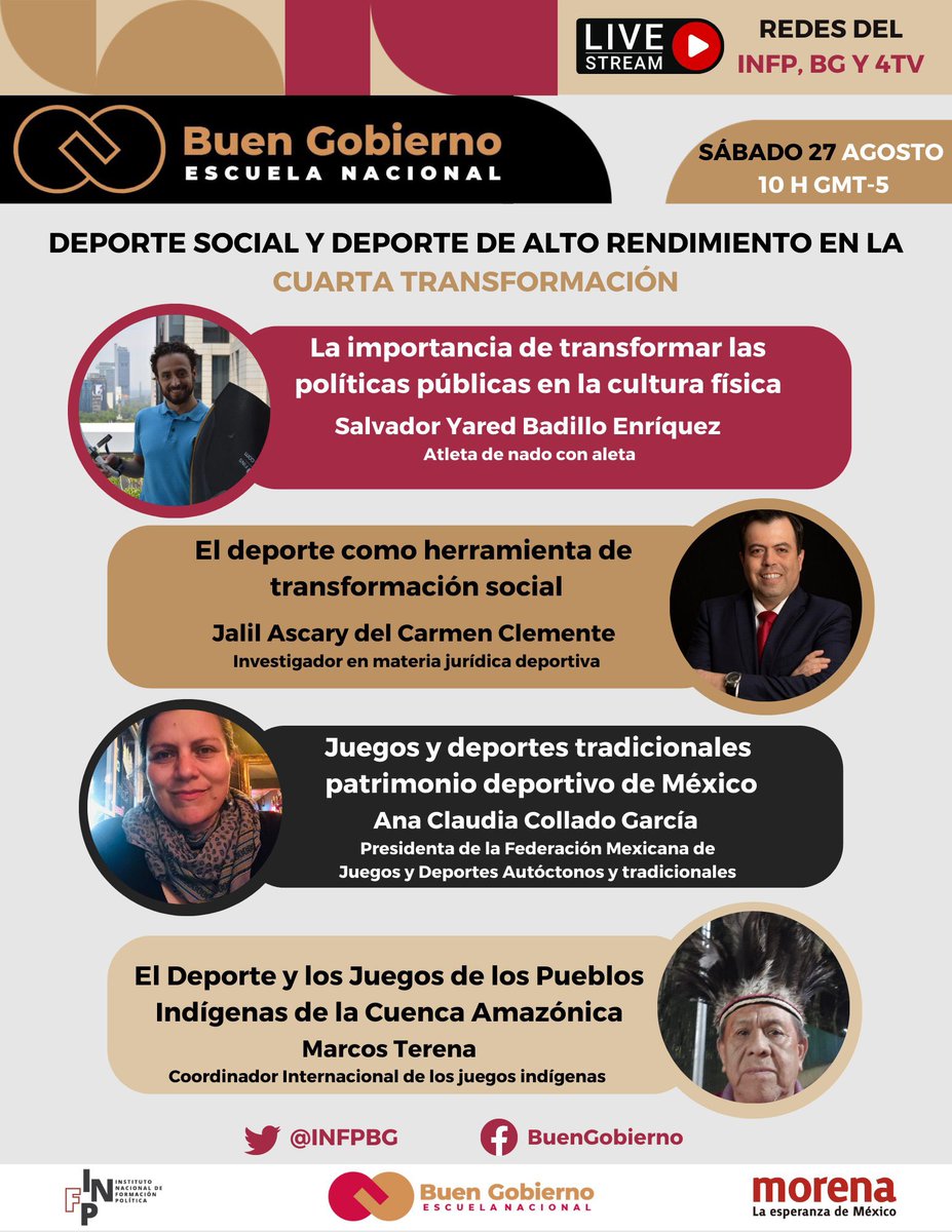 📢 @INFPBG te invita a la sesión de capacitación "El deporte como herramienta de transformación social" con: <a href="/YeredBadillo/">Salvador Yered.</a> <a href="/JalilDC08/">Jalil Del Carmen</a> <a href="/Autoctonos_mx/">juegos autoctonos</a> y
<a href="/MMarcosTerena/">MarcosTerena</a>

🗓 27 de agosto 
🕛10:00 h (CDMX) 

📲 En vivo por #FBLive, por redes del <a href="/infpmorena/">INFP Morena</a>  y por <a href="/la_4tv/">La 4TV</a>