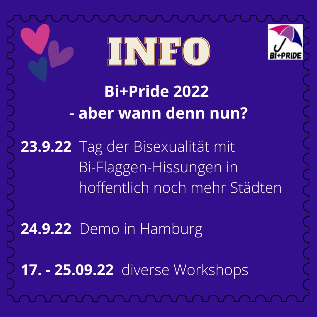 BiPlusPride's tweet photo. Bi+Pride 2022: Es geht wieder los!
Nach dem letzten Bi+Pride waren wir nur auf Instagram richtig aktiv. Jetzt wird Twitter auch wieder wach ...
Natürlich gibt es einen Bi+Pride 2022:
17.-25.9.2022 Workshops
23.9.2022 Bi-Flaggenhissungen
24.9.2022 Demo für bi+sexuelle Sichtbarkeit https://t.co/k1sYp72UVS