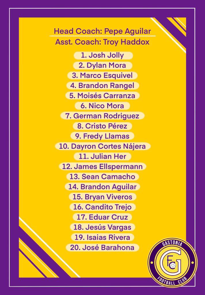 GastoniaFc's tweet photo. 20 man roster for today’s game! https://t.co/3vX0OYq6xS