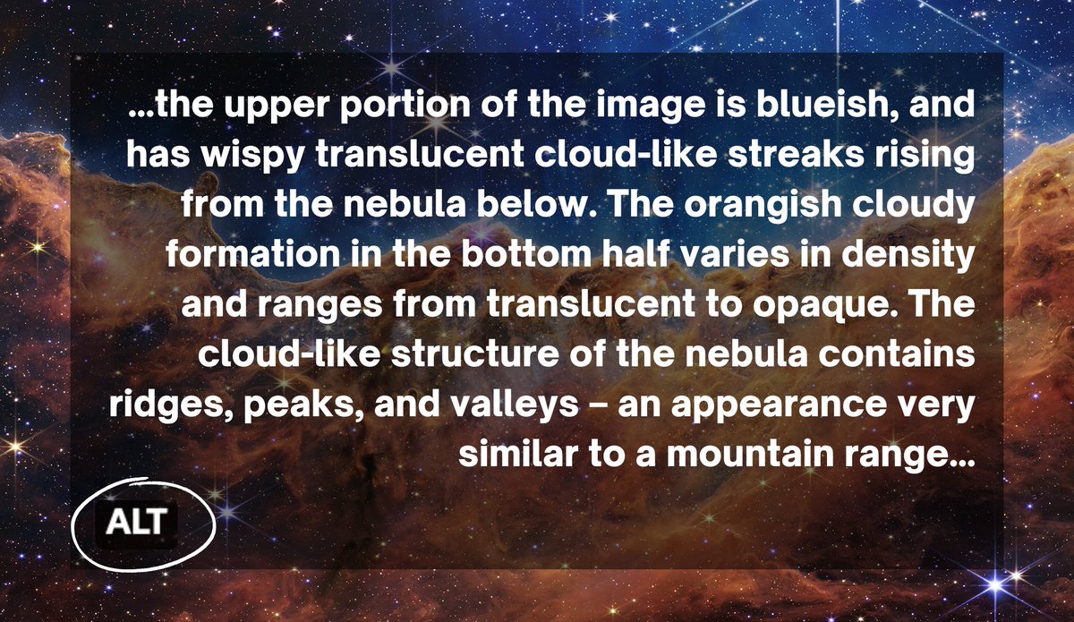 If you're familiar with alt text, you know that an image really is worth 1000 characters.

A special team at <a href="/SpaceTelescope/">Space Telescope Science Institute</a> brought you the now iconic descriptions of Webb's first full-color images and data. ⤵️