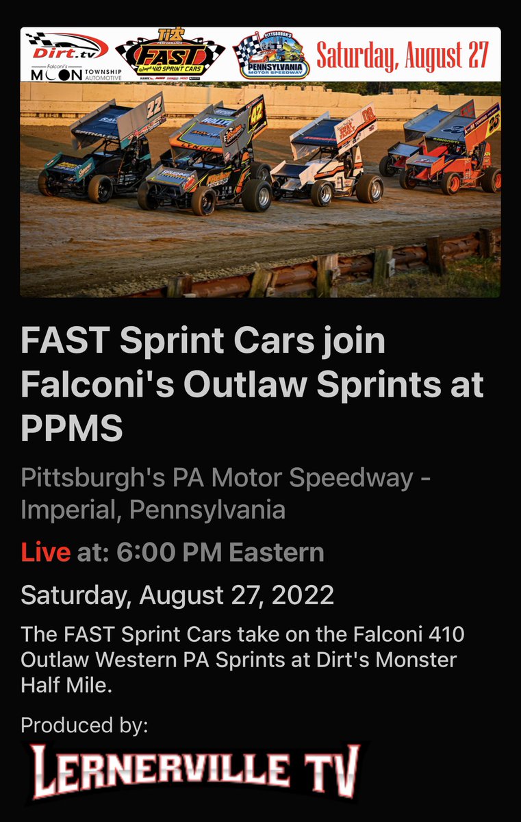 Saturday Night LIVE from <a href="/PAMotorSpeedway/">PPMS 🏁</a> tonight with the <a href="/FASTseries/">FAST Series</a>! If you can’t be there, join us LIVE on Dirt.TV for just $20!!