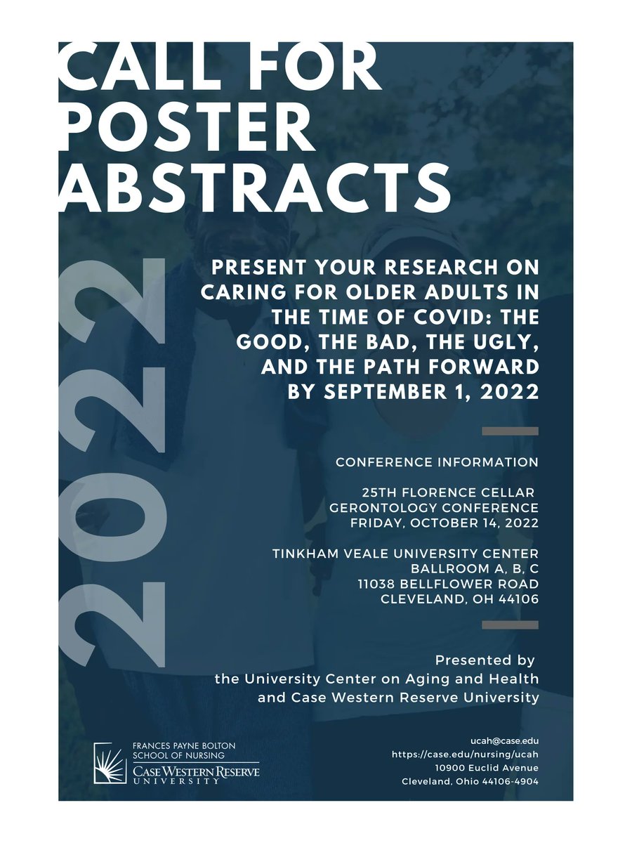 CWRUAgingCenter's tweet photo. Call for Student Poster Abstracts 

Submit a poster abstract for potential presentation at the 25th Florence Cellar Gerontology Conference that will be held on October 14, 2022. 

For more information:
https://t.co/8MIzq5JTb2 https://t.co/bKmYNJVfNH