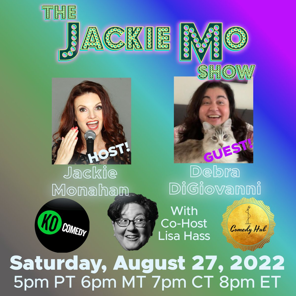 BuzzMowgli's tweet photo. RT @JackieMoShow: Stream live #comedy TONIGHT 8/27/22. The Jackie Mo Show! 5:00 PT, 6:00 MT, 7:00 CT, 8:00 ET. With @jackiemonahan @DebraDiGiovanni &amp; @lisahaas. The classiest raunch in town! (And FREE!) On https://t.co/6Wl0mE2YC5 or … https://t.co/RMrTAG8ZYS