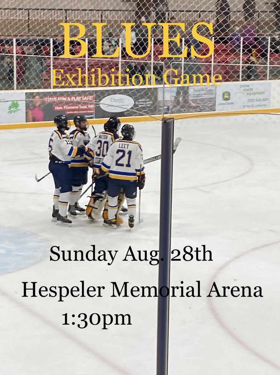 saglor14's tweet photo. EXHIBITION GAME: The Blues playing their 1st ex game of the season are at Hespeler Memorial Arena tomorrow at 1:30pm to take on the @HespelerJrC Shamrocks. @play_the_pj @BloomfieldPjhl https://t.co/uUYVqfeVWU