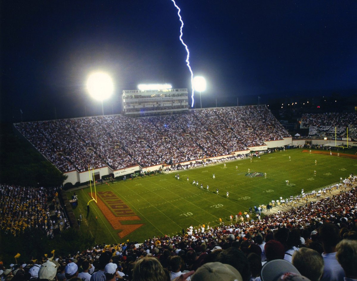 Hokie20's tweet photo. Today in 2000: The game that never was – A torrential storm cancels @HokiesFB opener vs. Georgia Tech.

ESPN's Lee Corso's car was also struck by lightning. #HokieHistory #Hokies https://t.co/c0sylRNbYs