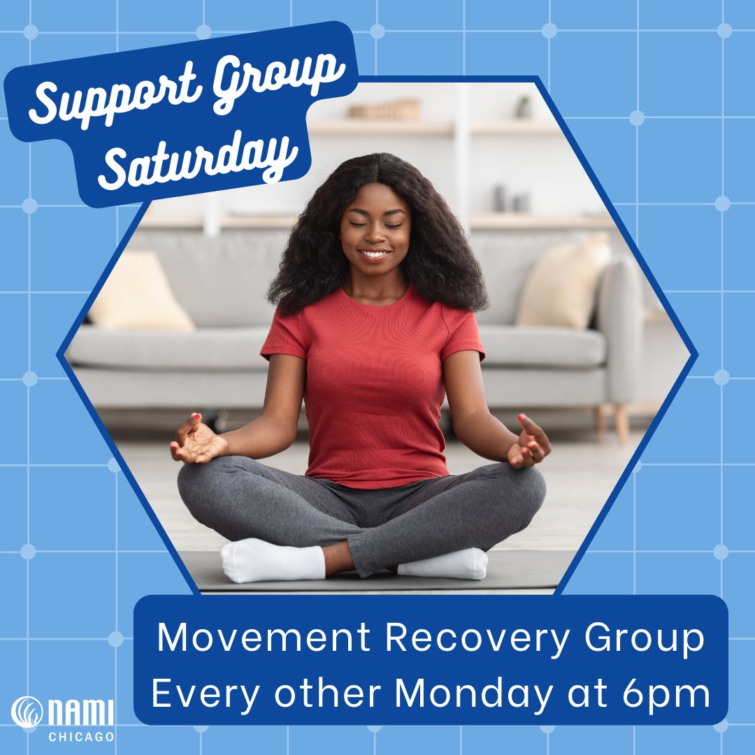 NAMIChicago's tweet photo. #MentalHealth can show up in your physical body. Work it out in our Virtual #MovementRecovery Group every other Monday at 6pm. #NAMIChicago #SupportGroupSaturday #Support #SupportGroup #MentalHealth #MentalWellness #MentalHealthMatters #MentalHealthAwareness #TalkToSomeone https://t.co/yYoWEpkzNs