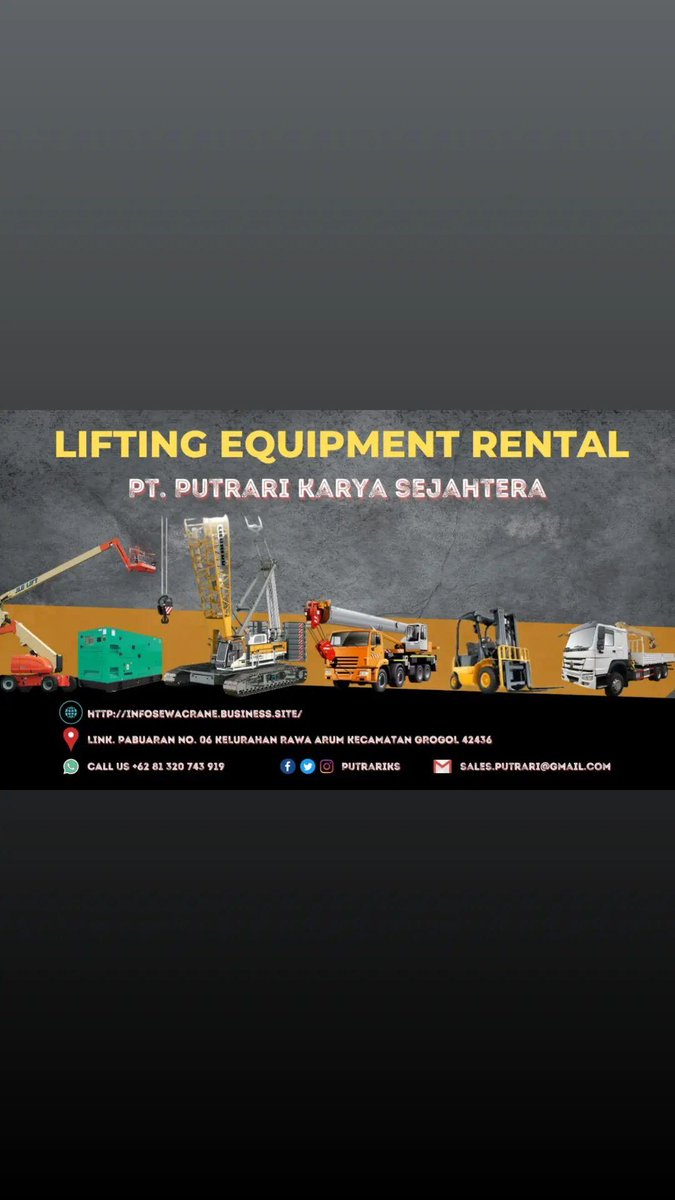 AnggaewoksYP's tweet photo. " Rental of Lifting Equipment, 
and Selling "

- Rough Terrain Cranes
- Crawler Cranes
- Mobile Telescopic Cranes
- Truck Mounted Cranes
- Generator Set
- Container Office &amp; Warehouse
- Lighting Tower
- Scissorlift
- Boomlift
- Manlift
Minat Hub.
081320743919 https://t.co/st2z81mMis