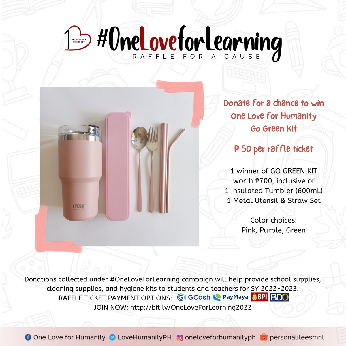 lovehumanityph's tweet photo. #OneLoveForLearning Raffle For A Cause Update ❣️

Total amount of donations (ticket sales) as of August 27, 2022 (5PM): ₱1050

We still need funds to be able to provide COVID-19 hygiene kits &amp; school supplies. 😊

Visit this page to enter the raffle:
https://t.co/L7UEaE8h7i https://t.co/5gMoPEhhQa