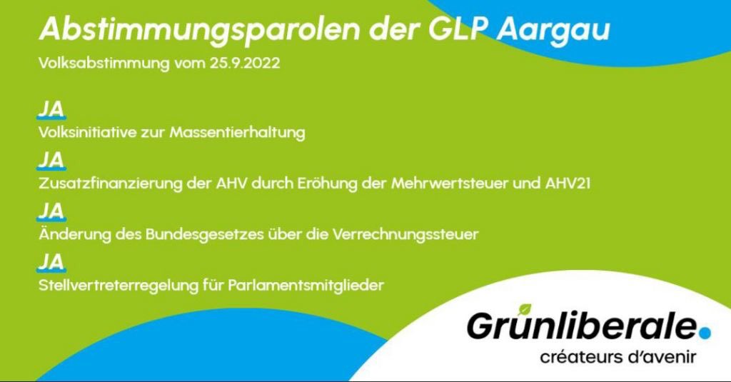 Die von der GLP Aargau gefassten Parolen:
#ahv21 #massentierhaltungsinitiative #verrechnungssteuer #stellvertreterregelung