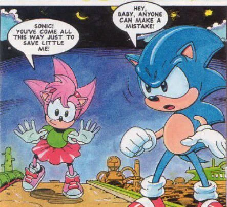 Amy's unique hairdo in Sonic the Comic is the result of artists misinterpreting artwork from Sonic CD. Said artwork depicts Amy's hair being affected by motion, coupling this with the fact that it was the only proper art of her at the time, it's easy to understand this mistake. 