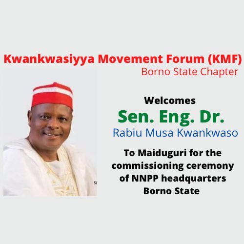 Kk_frontline's tweet photo. We are inviting the good people of Maiduguri to welcome His Excellency Sen. Eng. Dr. Rabiu Musa Kwankwaso for the commissioning ceremony of NNPP Borno State Headquarters on Saturday the 27th of August 2022.
#RMKinBorno https://t.co/RINPa3aUqn