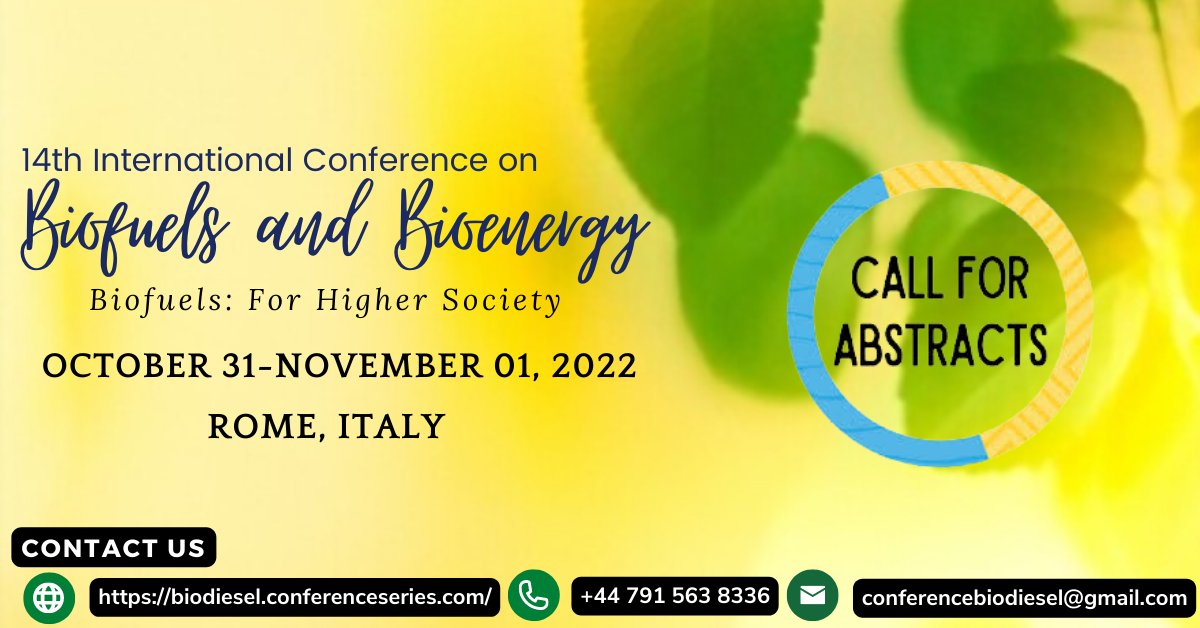 We welcome all the participants from all over the world to attend the 14th International Conference on #Biofuels &amp; #Bioenergy 
🗓️ Oct. 31-Nov. 01, 2022
Abstract 🔗: cutt.ly/gJoh7IA
#Biomass #Biogas #RenewableEnergy #Biorefineries #Bioalcohol #Bioethanol #Aviationbiofuels