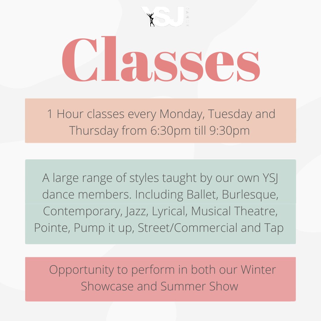 YSJDance's tweet photo. Here’s some information about our classes for those thinking about joining us in September

All classes offer a social dance lesson, and a space to come and relax from the stresses of Uni, whilst doing something you love

The official timetable will be released within a few weeks https://t.co/2BaUMRzxci