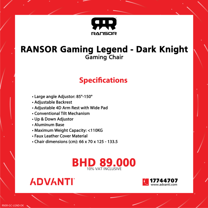 ADVANTIGroup's tweet photo. β¬ GAMING CHAIR β¬
π₯ RANSOR Gaming Legend - Dark Knight π₯
PRICE: BHD 89.000 (10% VAT Inclusive)
For orders: π 17744707 π https://t.co/uBj4iXujvU
WE DELIVER! ππ¦
#advantibahrain #RANSOR #Gaming #RANSORGaming #Legend #DarkKnight #Chair #GamingChair #Bahrain #Manama https://t.co/C4oszxaxv8