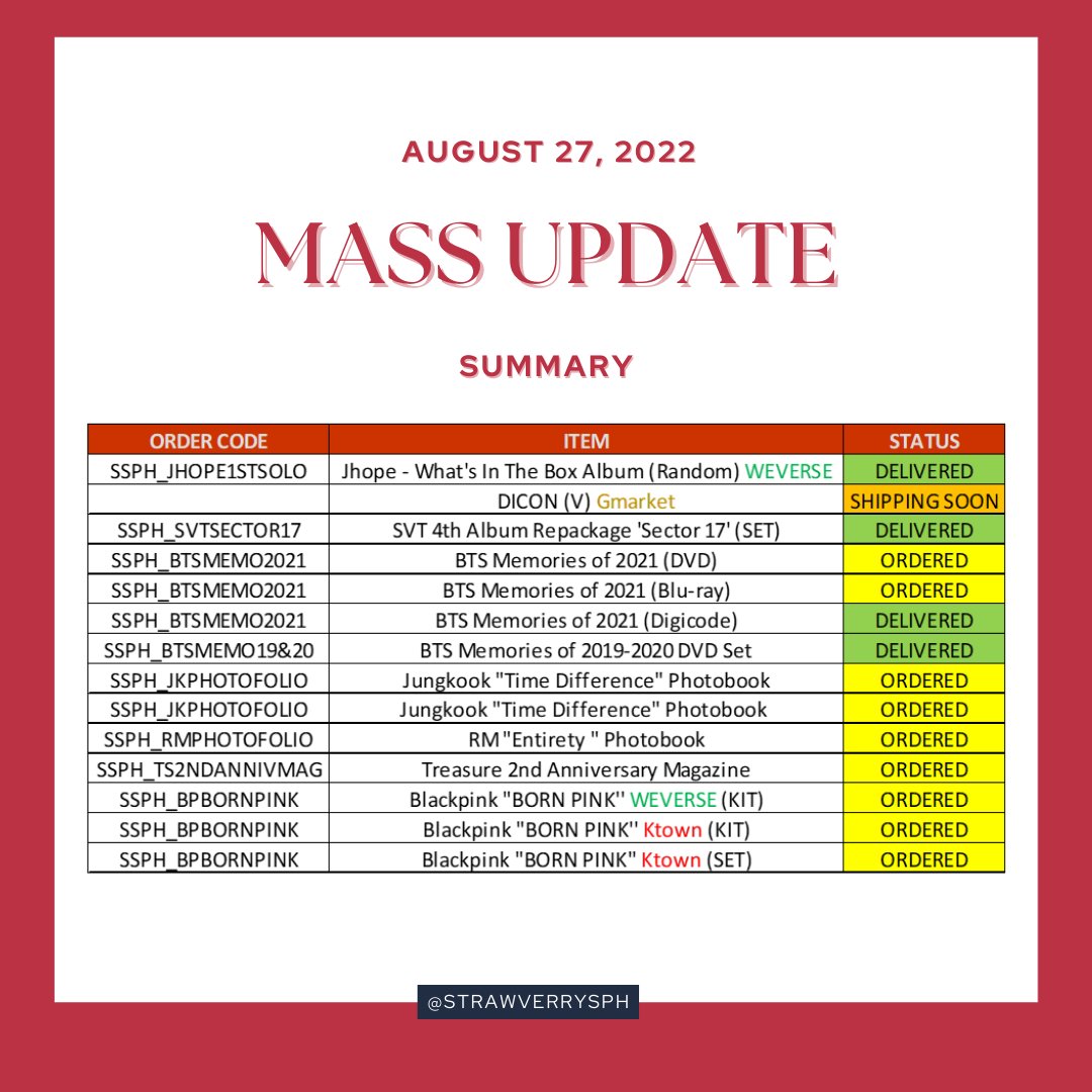 StrawVerrySPH's tweet photo. MASS UPDATE as of AUGUST 27, 2022

Please read carefully below ✨

Thank you for your patience and understanding 🤗💜

Don't hesitate to DM us if you have any concerns/questions.

#StrawVerryUpdates 🍓 https://t.co/R9CnYEXPA5