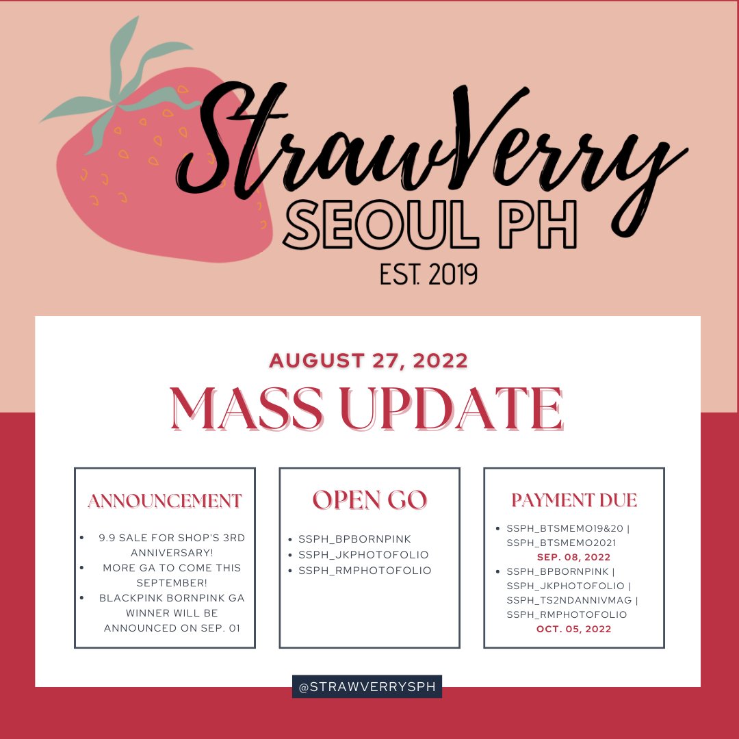 StrawVerrySPH's tweet photo. MASS UPDATE as of AUGUST 27, 2022

Please read carefully below ✨

Thank you for your patience and understanding 🤗💜

Don't hesitate to DM us if you have any concerns/questions.

#StrawVerryUpdates 🍓 https://t.co/R9CnYEXPA5