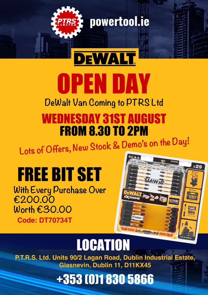 powertoolonline's tweet photo. DeWalt OPEN DAY Wednesday 31st Aug 8.30 - 2pm - 
DeWalt Van Coming to PTRS Ltd.

Come on down, check out the offers and demo’s, have a tea/coffee, treat &amp; a good chat &amp; maybe even pick up a bargain too! https://t.co/4TkcCrVAZ2