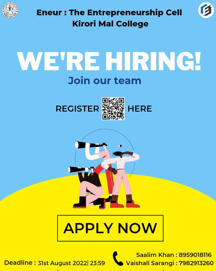 kmc_eneur's tweet photo. E-Cell, Kirori Mal College aims to foster an entrepreneurial attitude among young people and nurture an entrepreneurial spirit. We are excited to meet you throughout the hiring process if you want to develop into a unique individual with a skill set that matches your interests. https://t.co/ohCi061yi5